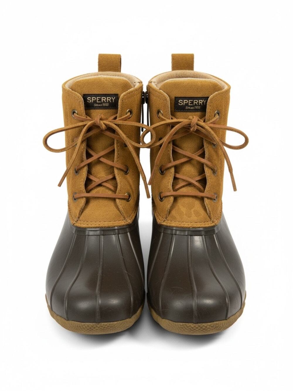 Sperry Women's Waterproof Duck Boots Tan Animal Print and Navy Sz 9.5